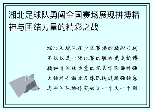 湘北足球队勇闯全国赛场展现拼搏精神与团结力量的精彩之战